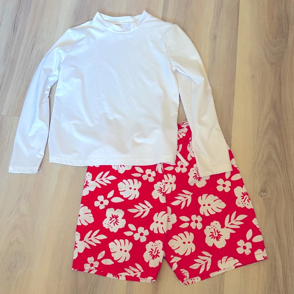 Cat & Jack boys Red swim trunks and white long sleeve rash guard bundle 10/12